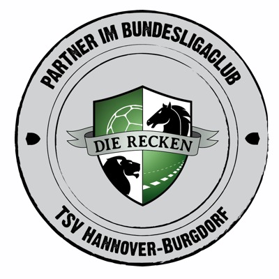 Partner im Bundesligaclub – Die Recken | TSV Hannover-Burgdorf Rundes Logo des Bundesligaclubs „Die Recken – TSV Hannover-Burgdorf“ mit Schriftzug „Partner im Bundesligaclub“ und grün-schwarzem Wappenschild in der Mitte.